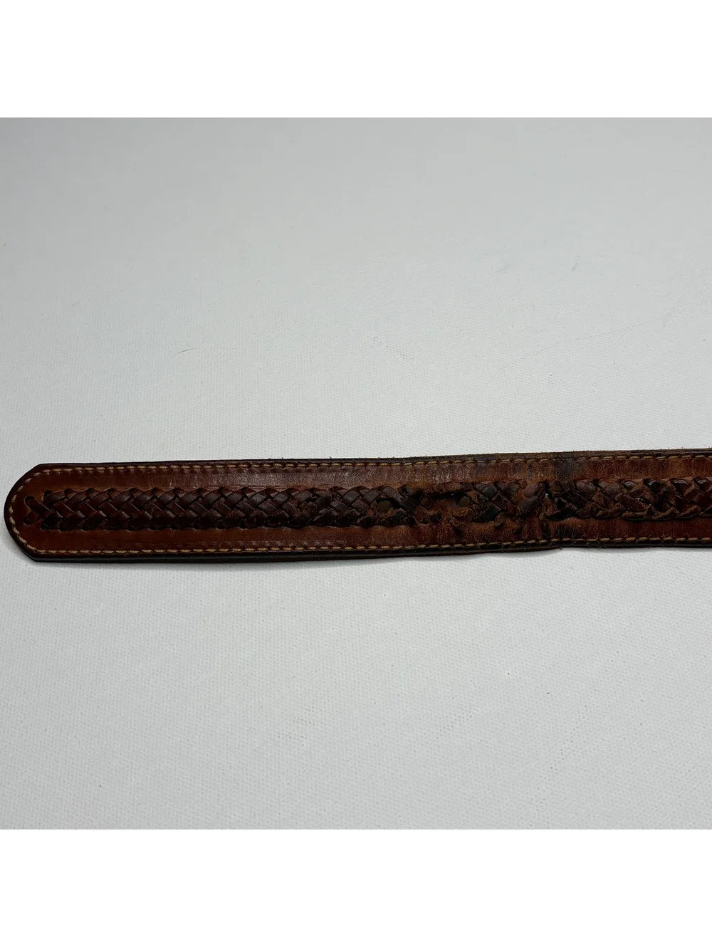 Vintage Brown Woven Leather Braided Brass Buckle Belt